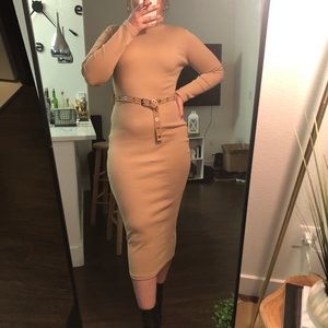 Tan high neck knitted midi dress